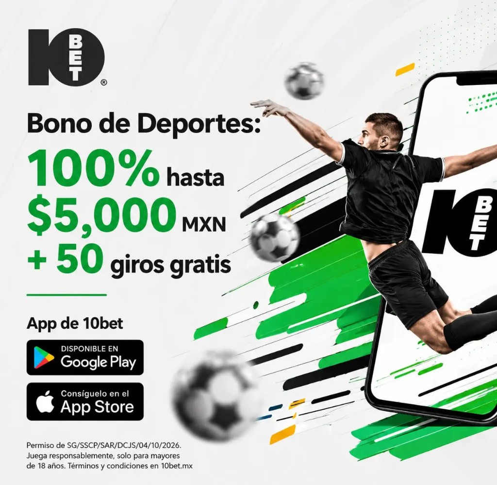 Sports welcome bonus 10bet: 100% hasta $5,000 MXN mas 50 free spins. App oficial con Google Play y App Store.
