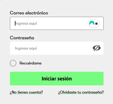 Formulario de acceso: correo electronico, contrasena, recuerdame, login y enlaces de registro